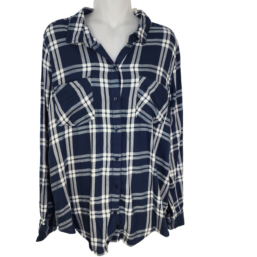 Lucky Brand Shirt Womens Large Button Up Lightweight Flannel Plaid Blue Pocket